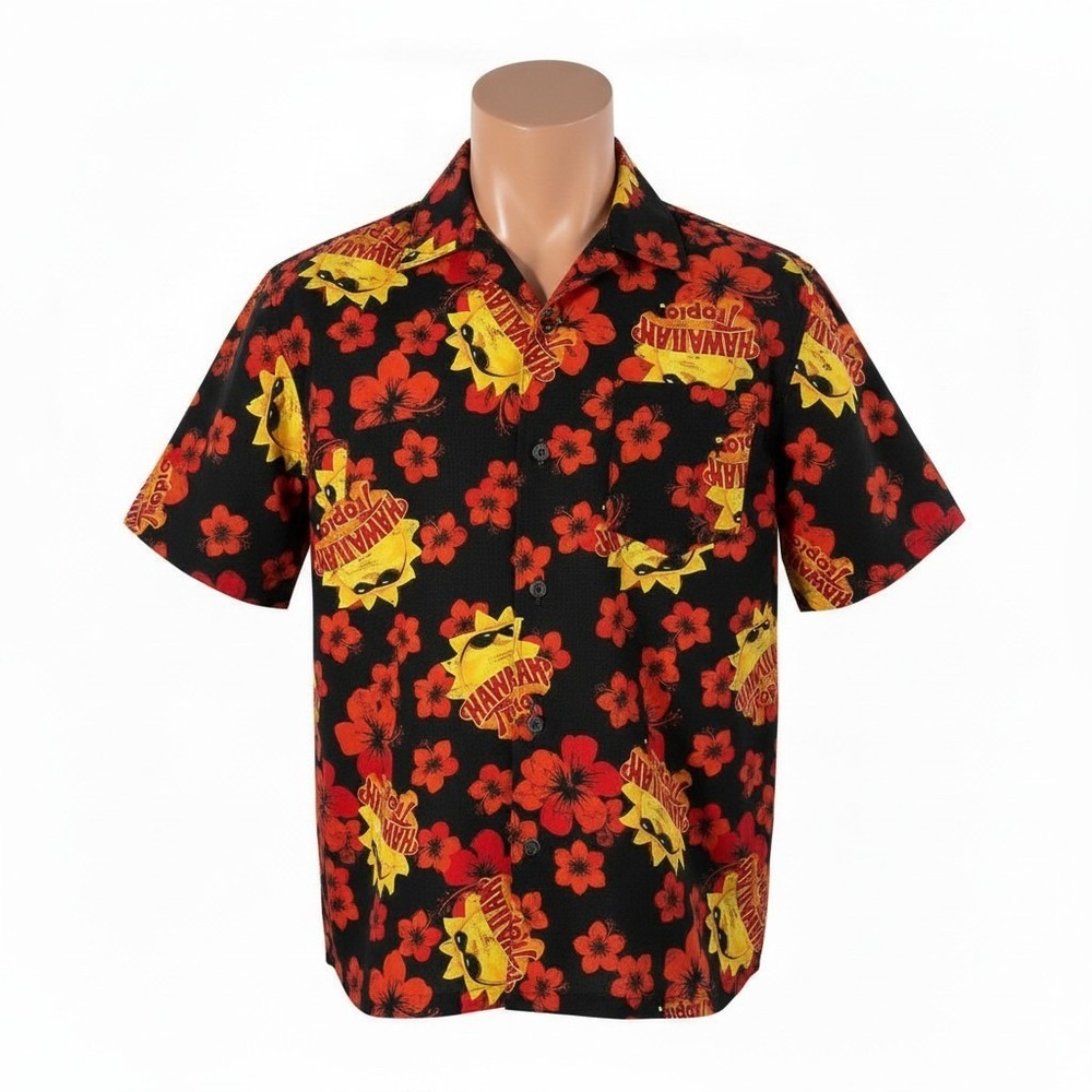 Hawaiian Tropic Aloha Shirt XL Hibiscus Flowers Sunglasses Sun Black Red‎ Yellow